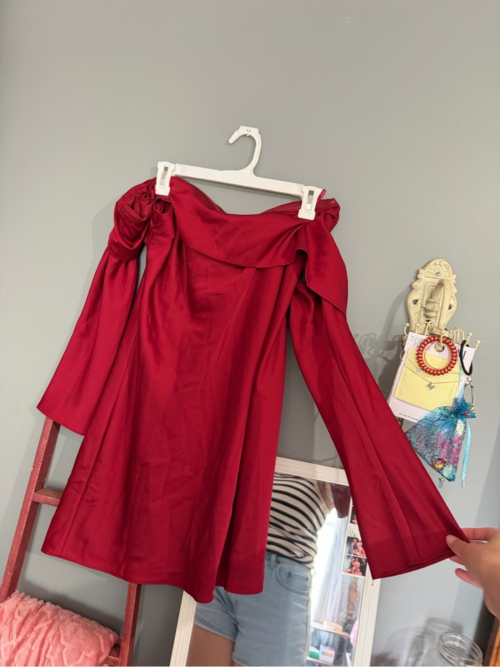 Abercrombie & Fitch Off-Shoulder Satin Mini Dress in Burgundy